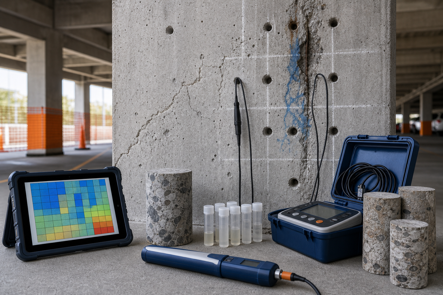Engineer mapping chloride contamination and corrosion risk before concrete repair