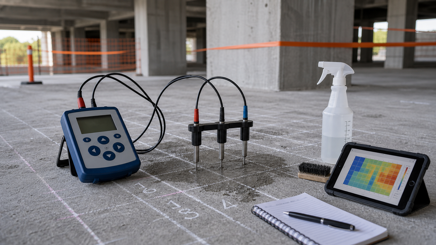 Concrete electrical resistivity testing equipment on a marked slab before structural repair
