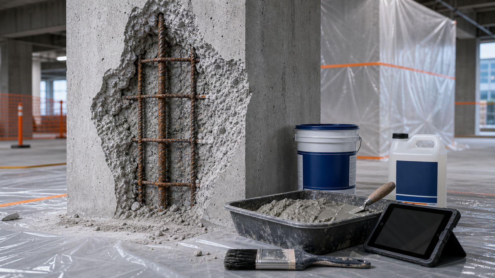 Concrete spalling repair with exposed reinforcement, repair mortar, corrosion inhibitor, and site protection materials