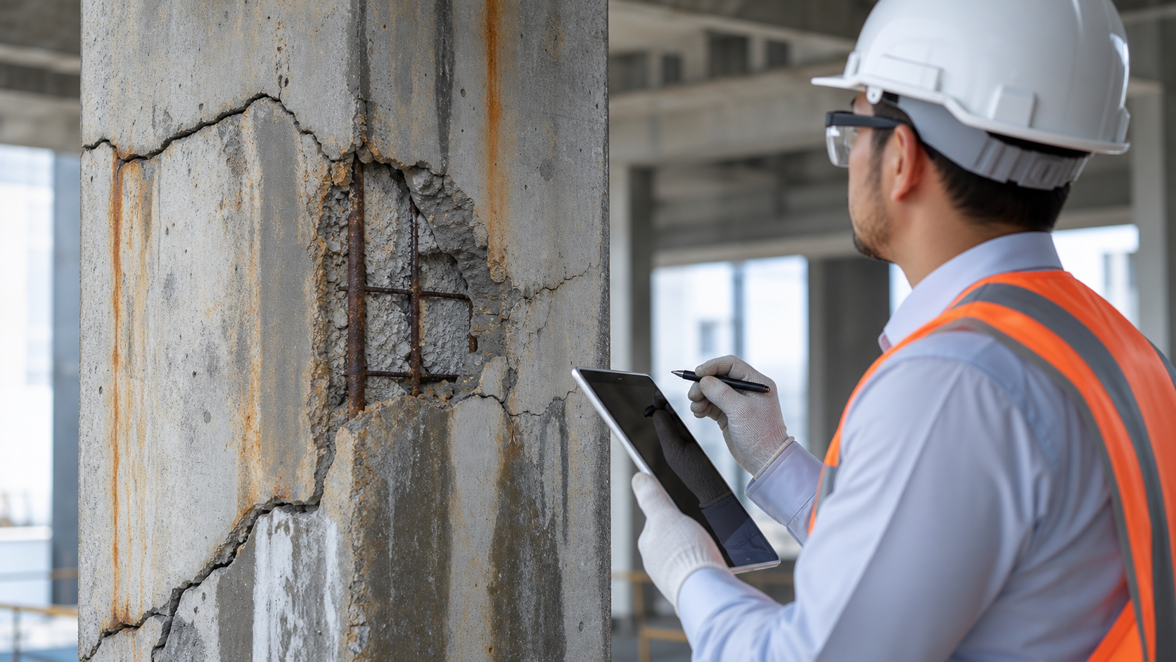 Photorealistic engineering inspection image showing critical signs of concrete structure repair needs