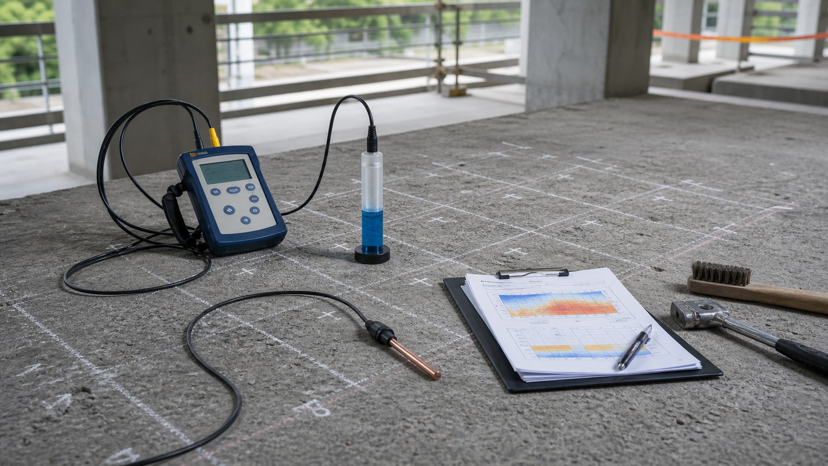 Half-cell potential testing equipment on a concrete slab for corrosion risk mapping before repair