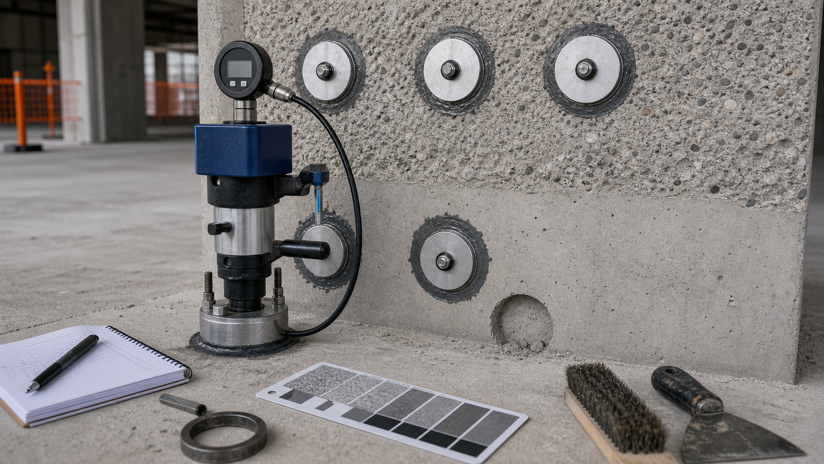 Pull-off adhesion tester and bonded dollies on prepared concrete surface before repair overlay