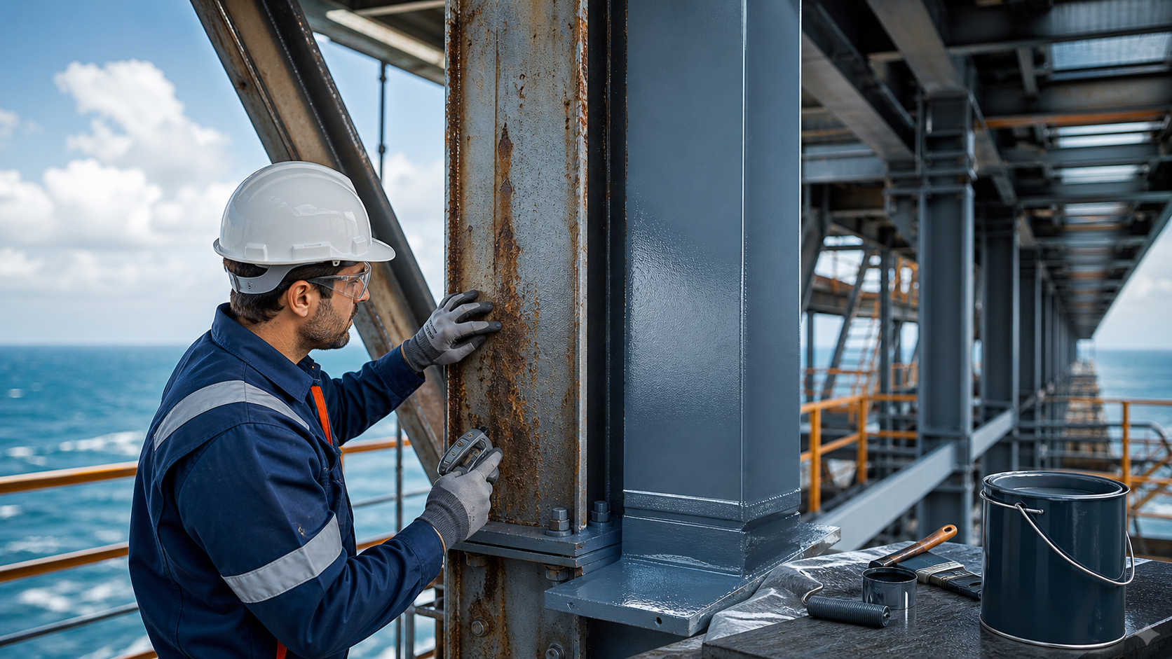 Photorealistic image showing steel structure protection, corrosion inspection, and protective coatings