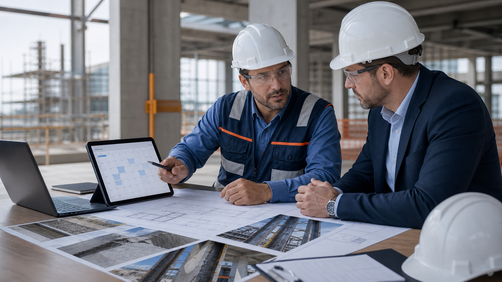 Structural engineer consulting with a facility manager about repair planning