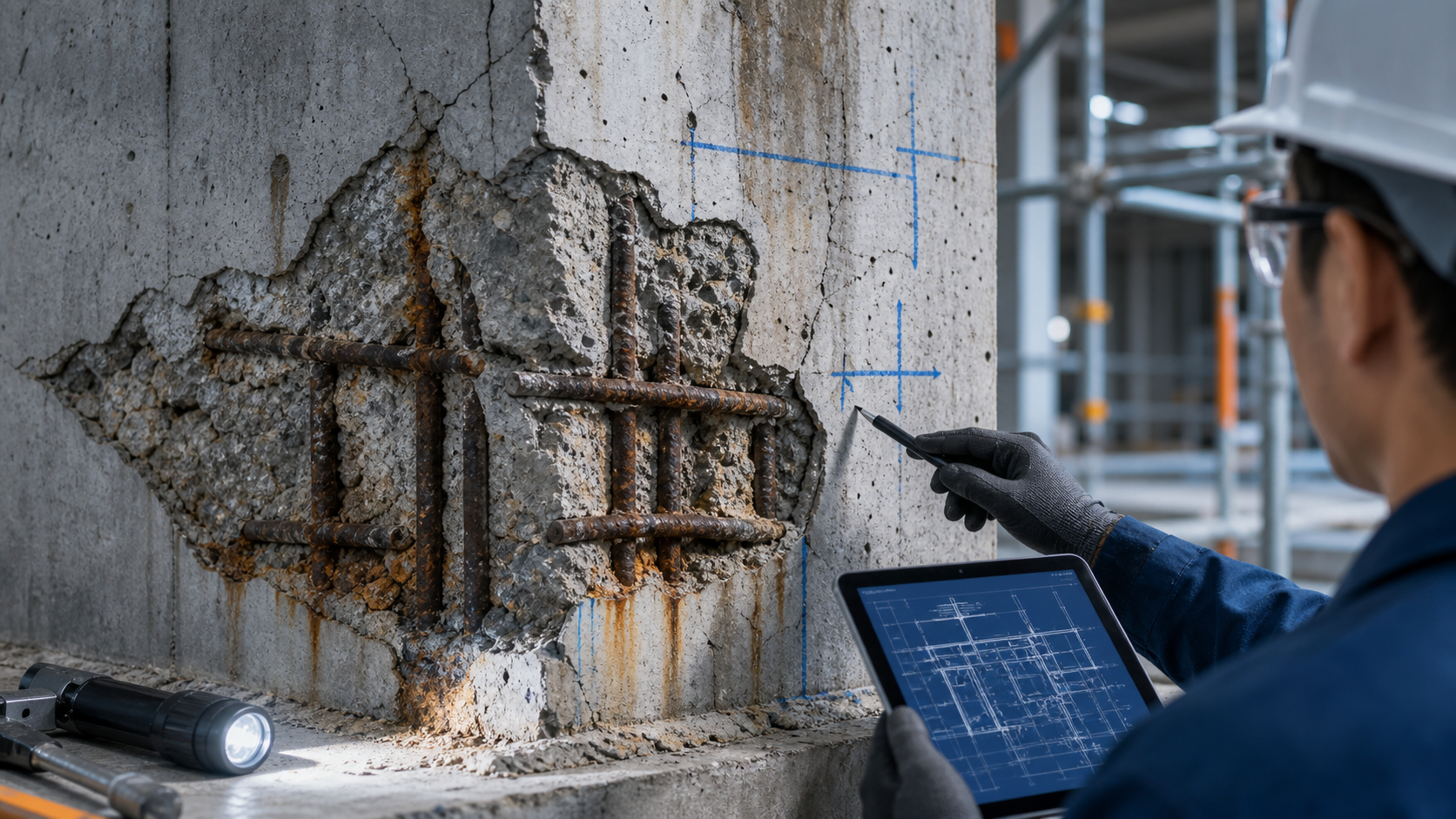 Deteriorated concrete with cracking, spalling, corrosion, and repair assessment tools