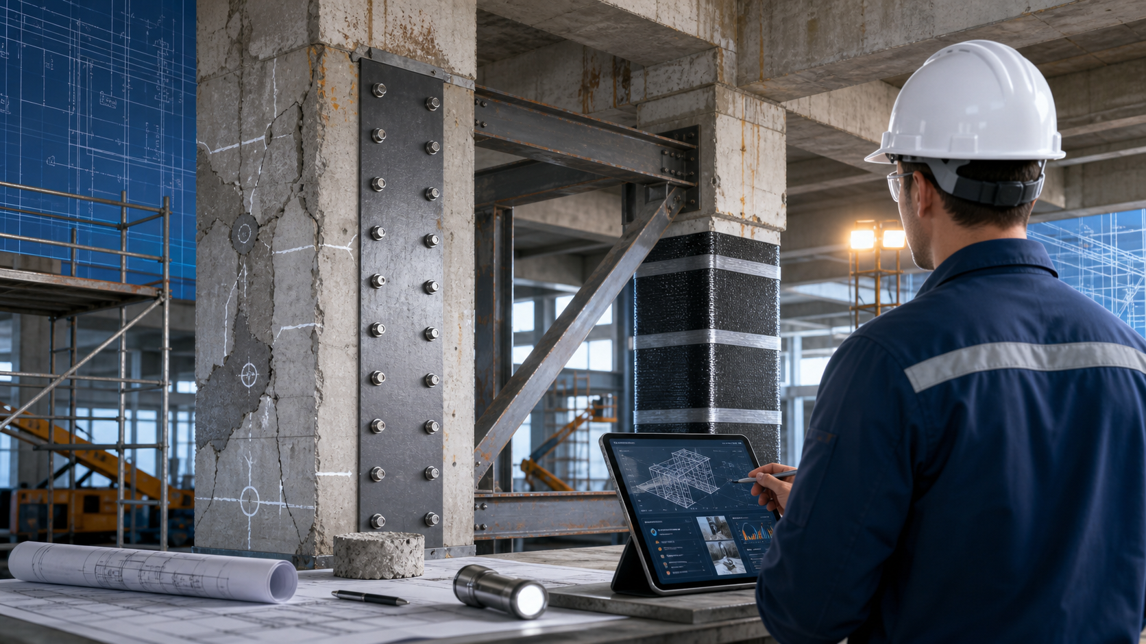 Structural engineer reviewing construction integrity and maintenance planning for concrete and steel structures