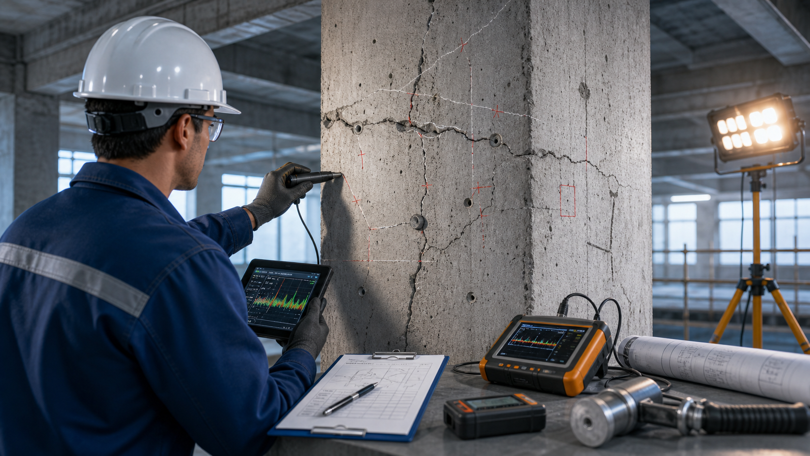 Engineer inspecting concrete defects with non-destructive testing tools and crack mapping