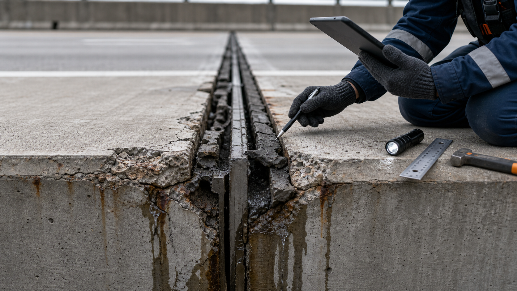Damaged expansion joint in concrete deck with leakage marks and inspection tools