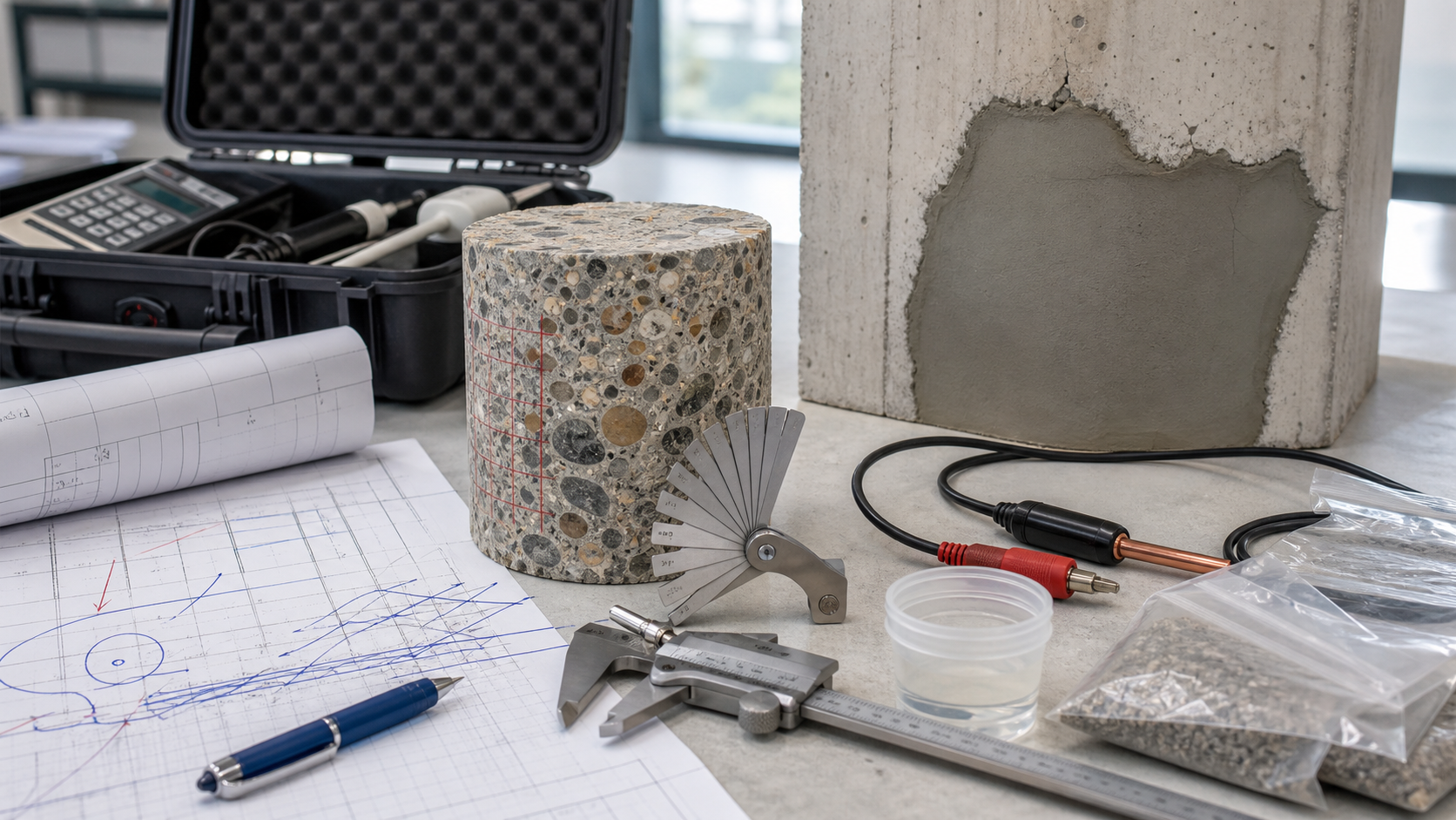 Concrete repair code assessment desk with core sample crack gauge calipers and inspection drawings