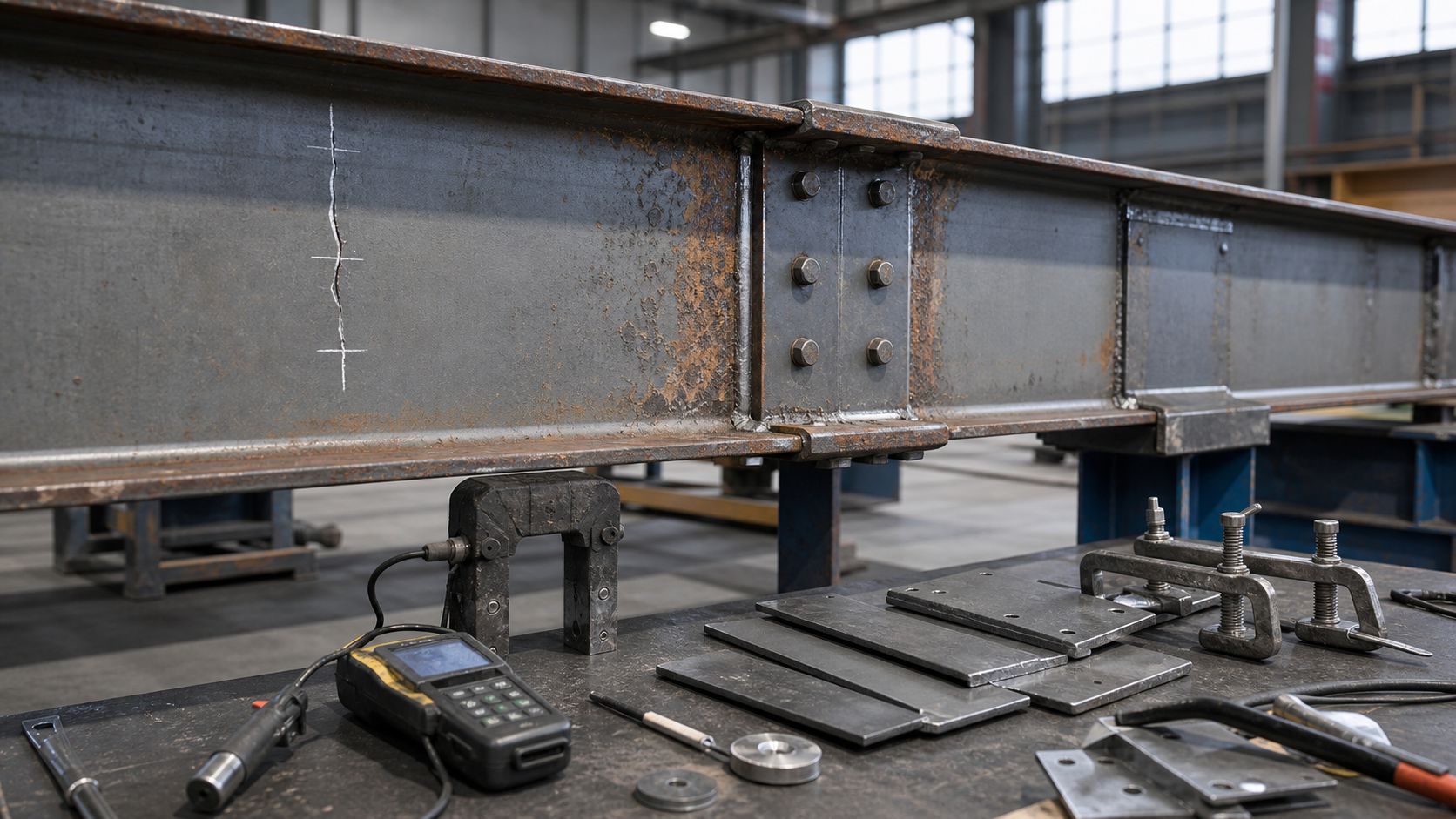 Steel beam repair planning with visible corrosion, fatigue crack marking, weld inspection tools, clamps, and repair plates in an industrial maintenance workshop
