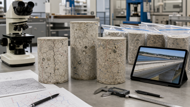 Concrete cores with alkali-silica reaction cracking prepared for petrographic examination in a structural materials laboratory