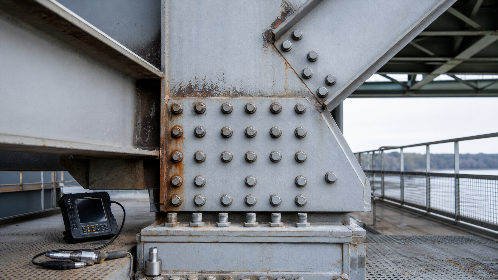 Corroded structural steel bolted connection prepared for engineering inspection