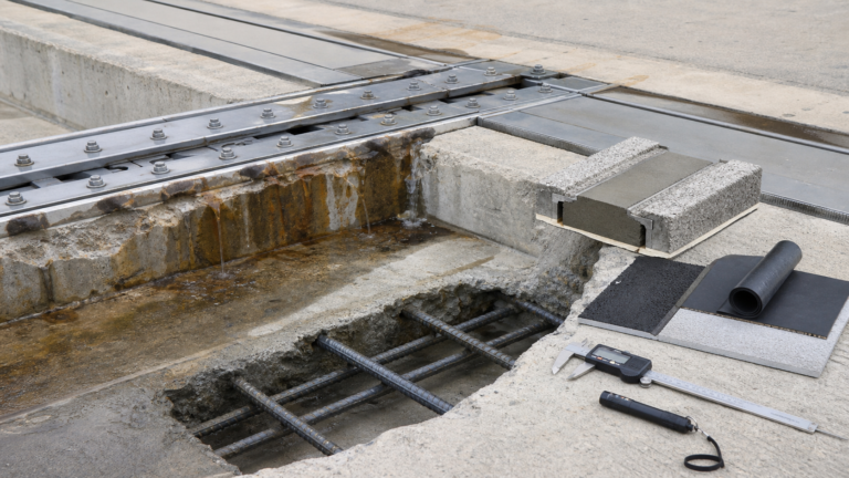 Bridge expansion joint leakage repair assessment with exposed concrete and waterproofing details