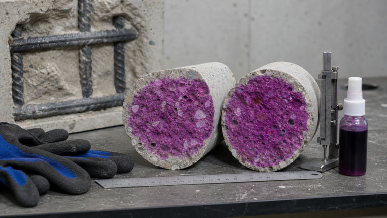 Concrete core split for phenolphthalein carbonation depth testing with measurement tools beside exposed reinforcement sample