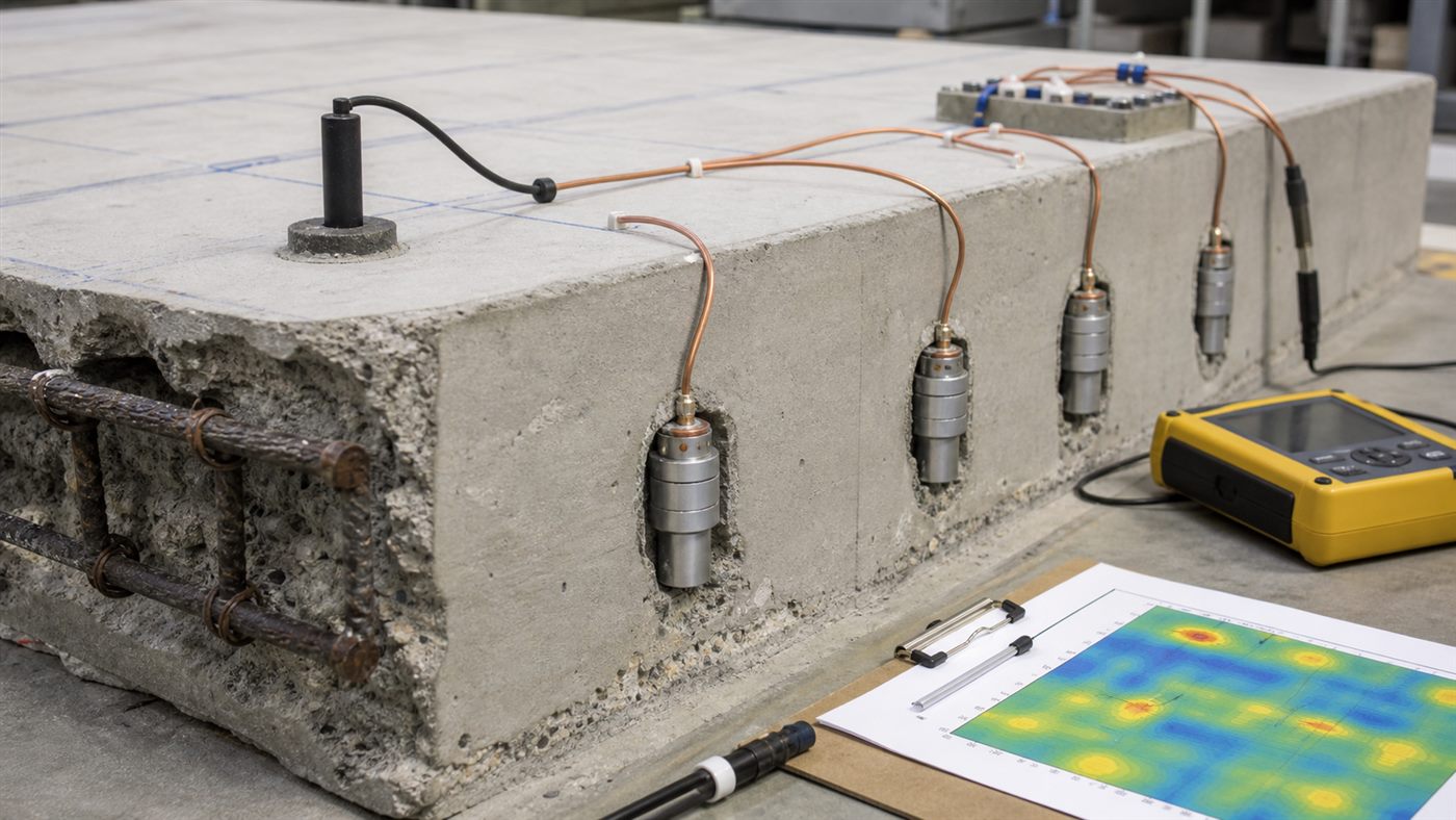 People-free workshop mockup of reinforced concrete cathodic protection components and exposed reinforcing steel