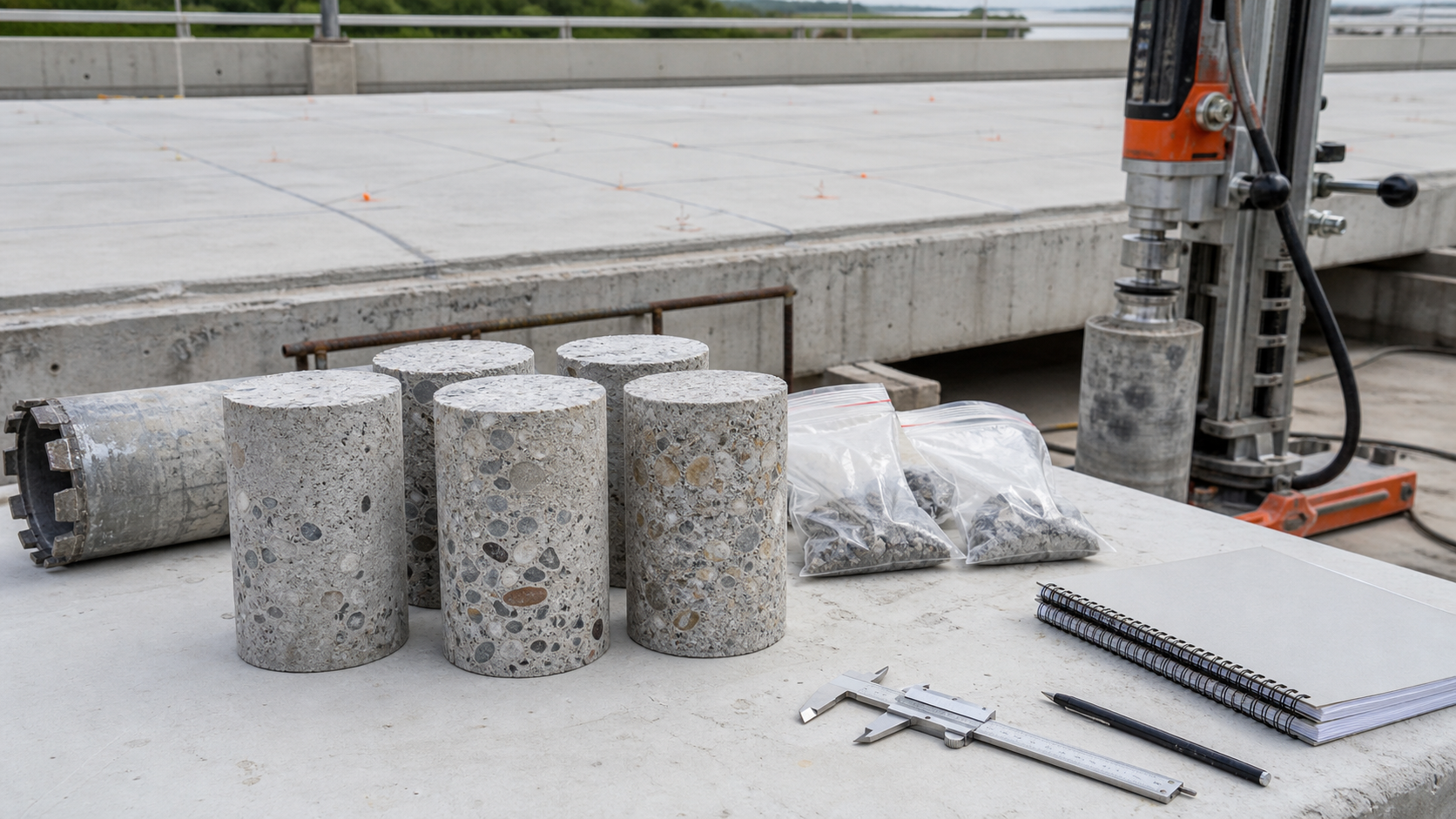 Concrete core samples and coring equipment prepared for structural concrete repair testing