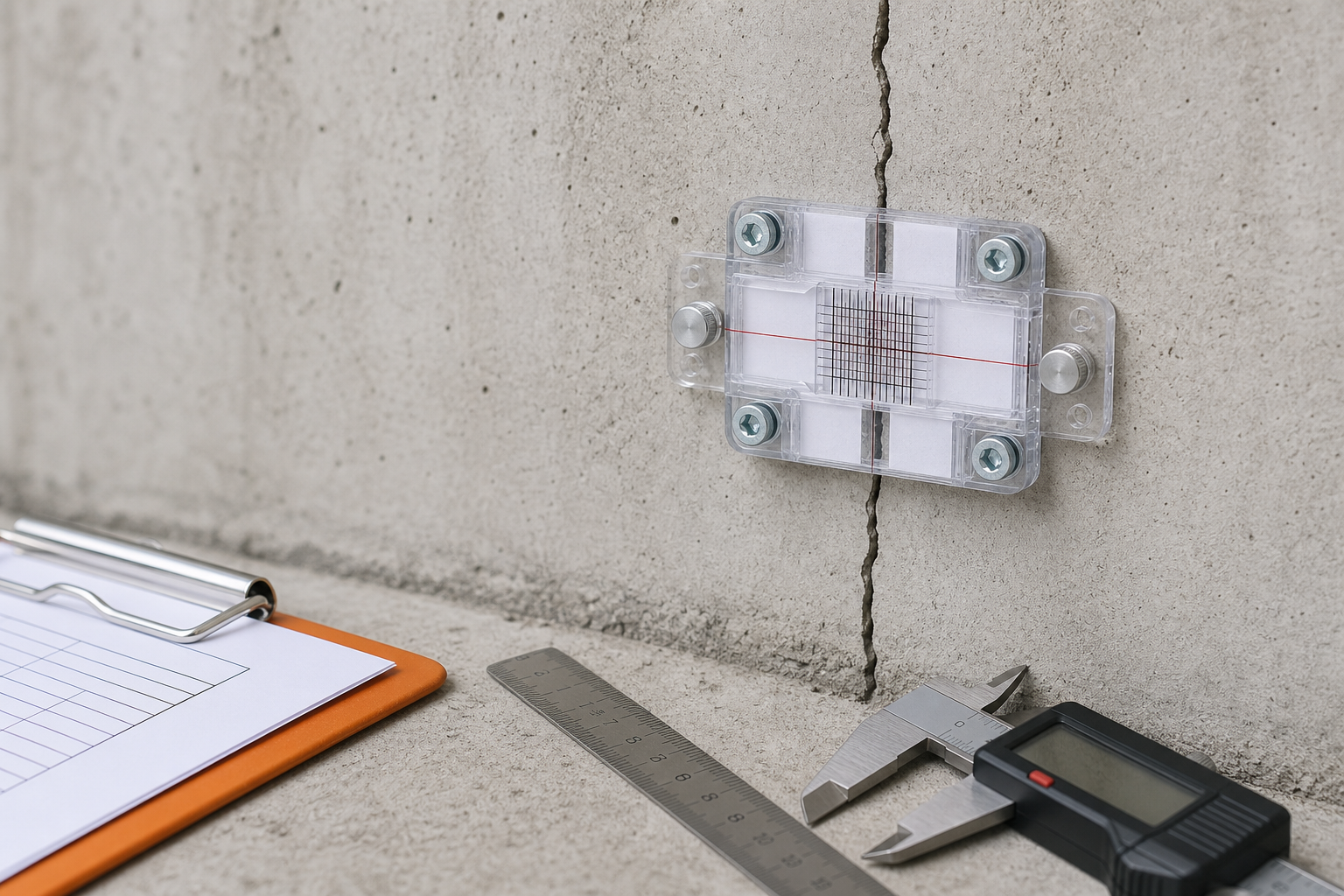 Transparent crack monitor gauge installed across a narrow crack in a concrete wall