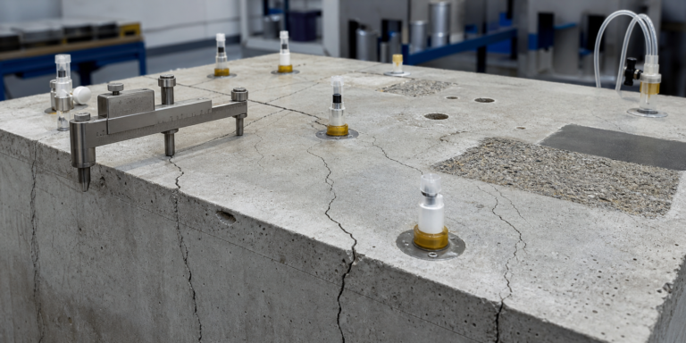 Concrete crack repair test slab with injection ports and crack measurement equipment
