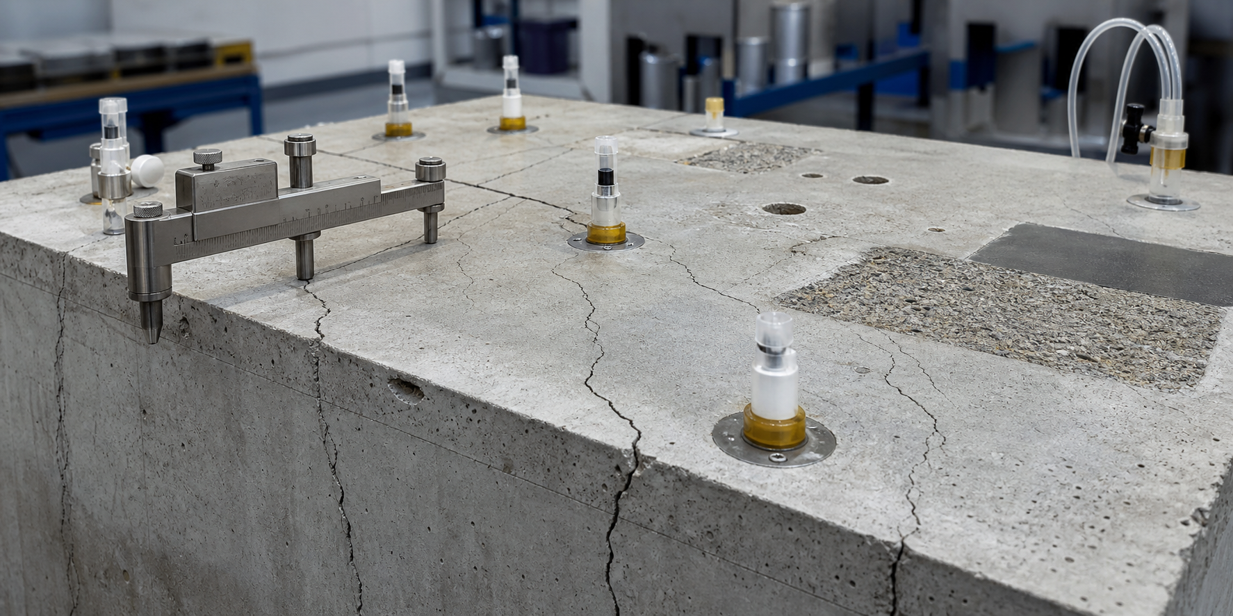 Concrete crack repair test slab with injection ports and crack measurement equipment