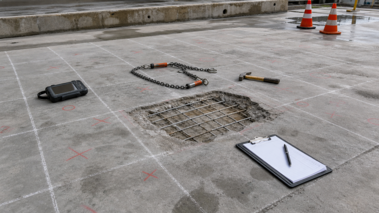 Concrete delamination survey tools on a chalk-marked slab repair area