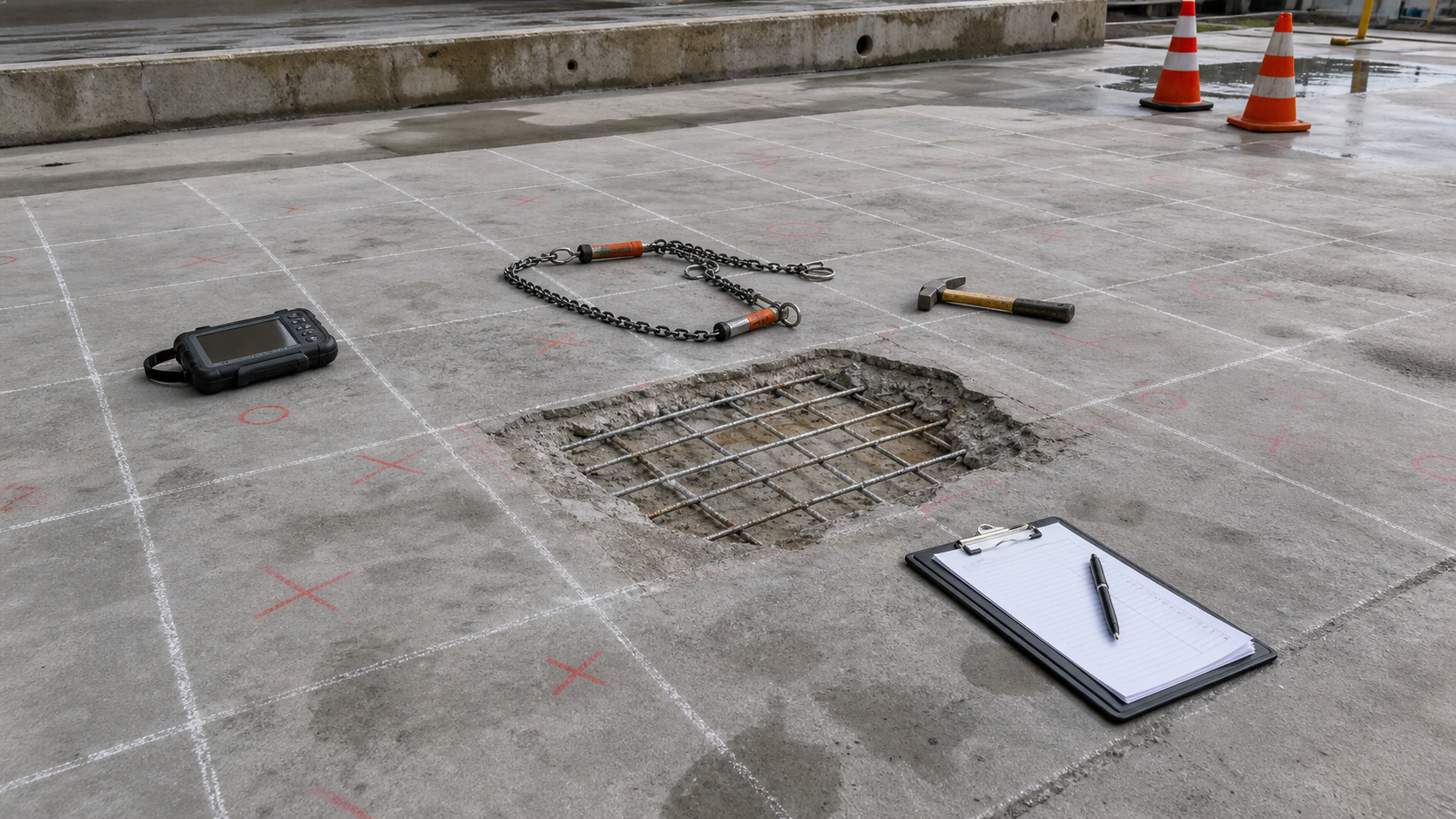 Concrete delamination survey tools on a chalk-marked slab repair area