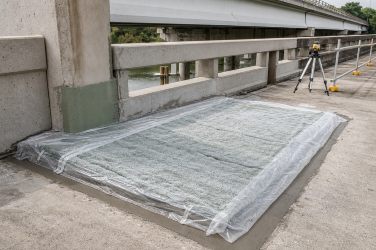 Fresh concrete bridge repair protected by wet curing blankets and polyethylene sheeting