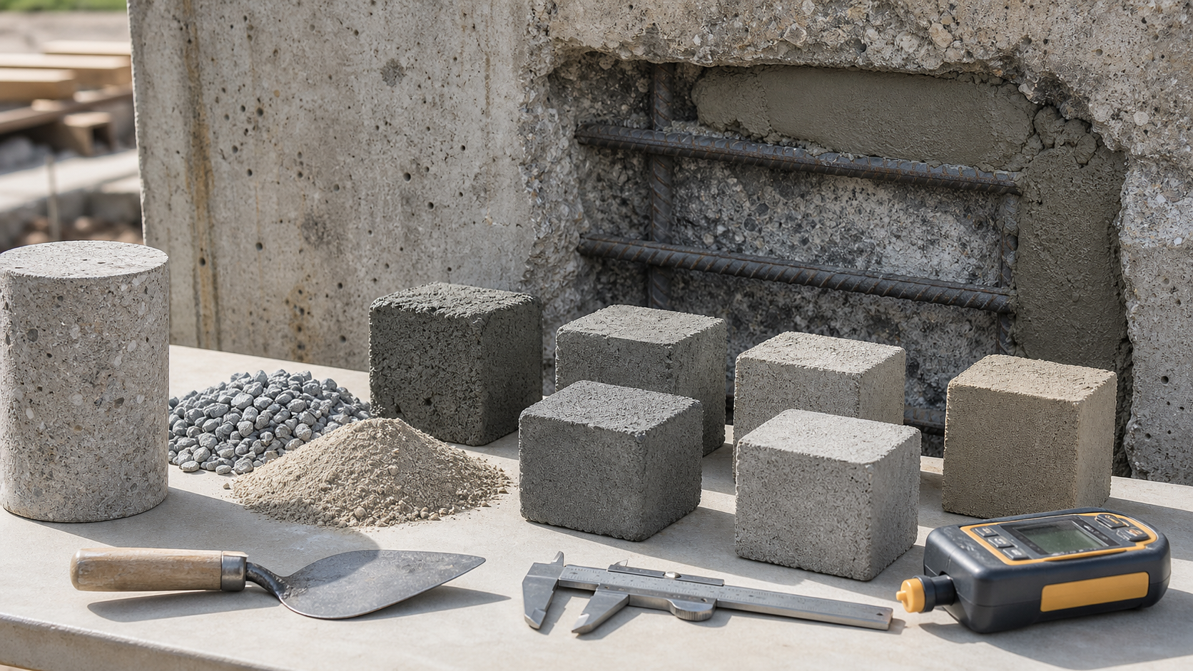 Concrete repair material samples beside a prepared structural concrete repair area