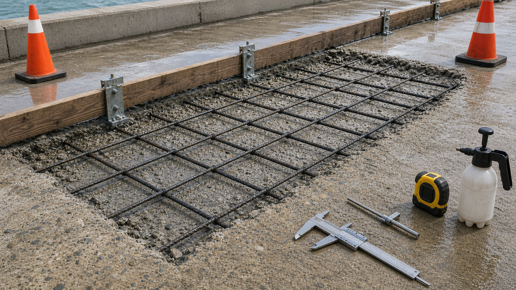 Prepared reinforced concrete repair area ready for pre-placement inspection