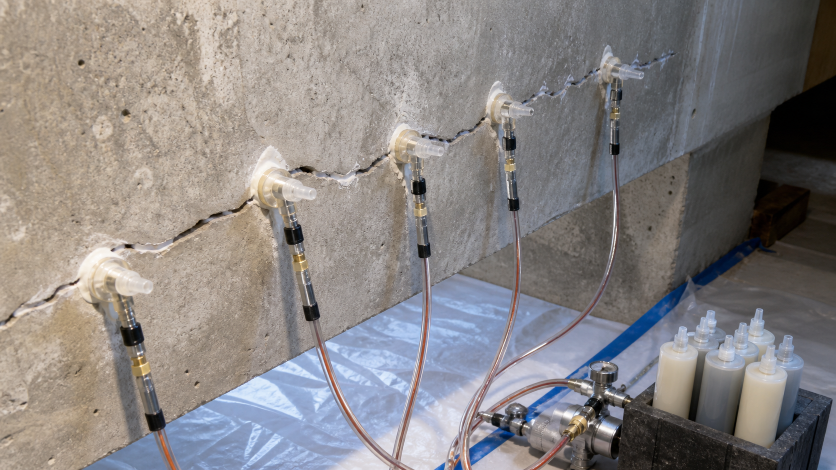 Epoxy injection ports installed along a structural concrete crack