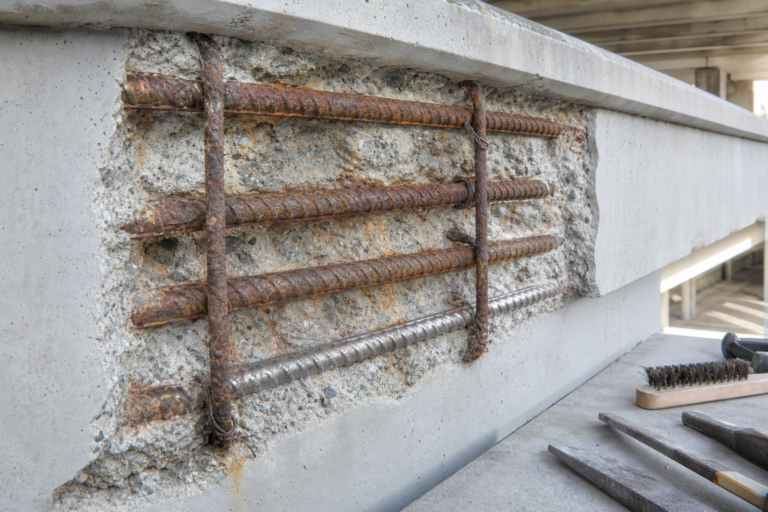 Exposed reinforcing steel in a concrete beam repair area showing corroded and cleaned rebar