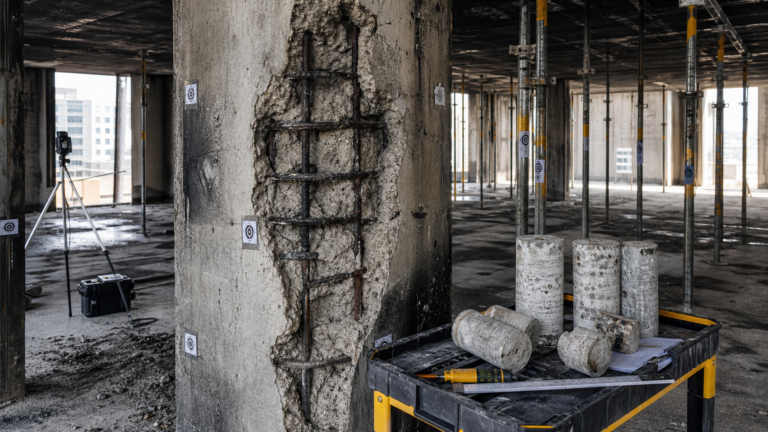 Fire-damaged reinforced concrete column assessment with exposed reinforcing steel, shoring, core samples, and inspection tools