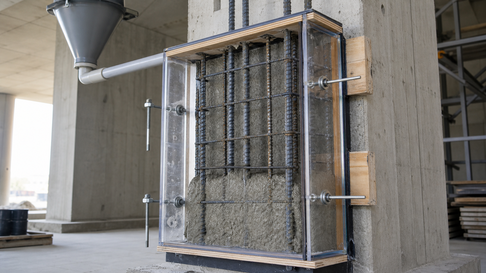 Form-and-pour concrete column repair with sealed formwork and visible reinforcement
