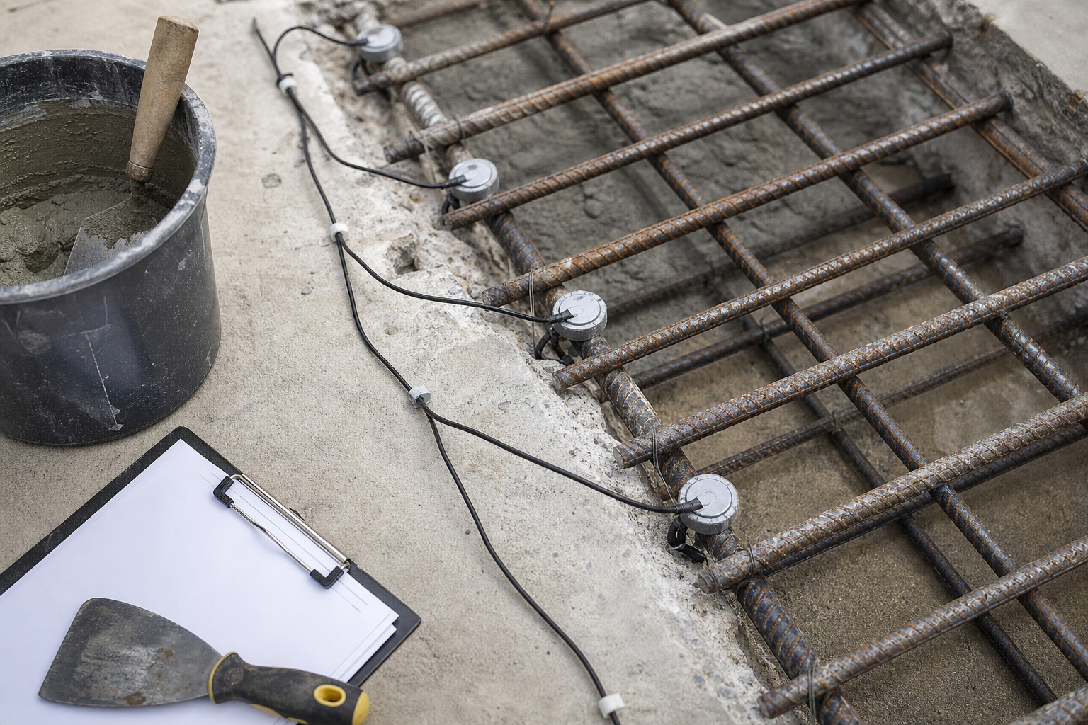Embedded galvanic anodes tied to exposed reinforcing steel before concrete patch repair
