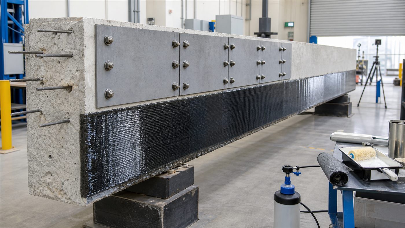 People-free technical scene showing steel plate and carbon fiber strengthening on a reinforced concrete beam