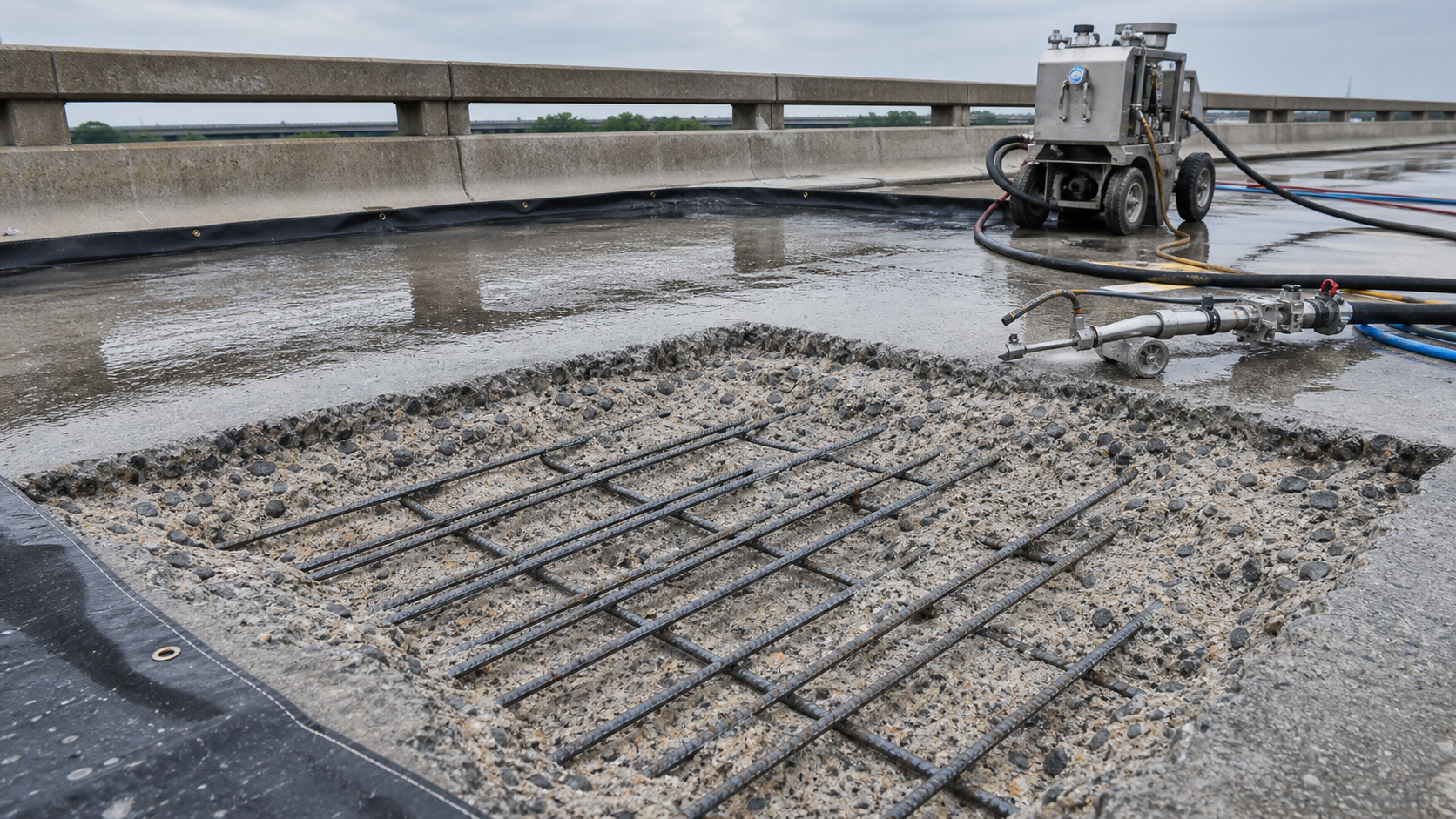 Hydrodemolition prepared concrete repair area with exposed reinforcing steel and water jet equipment