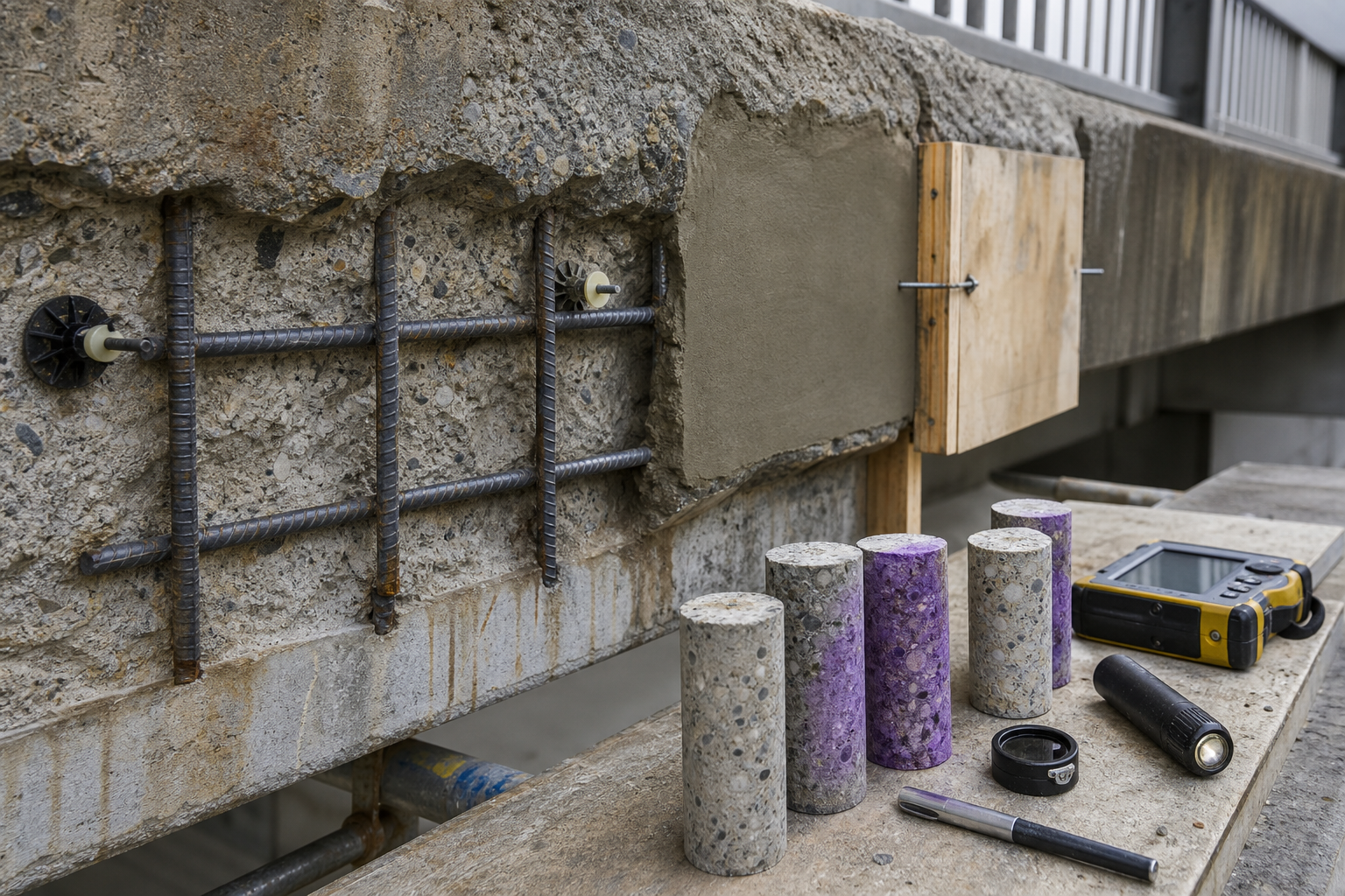 Concrete cover restoration repair area with exposed reinforcement, fresh patch material, and concrete test cores