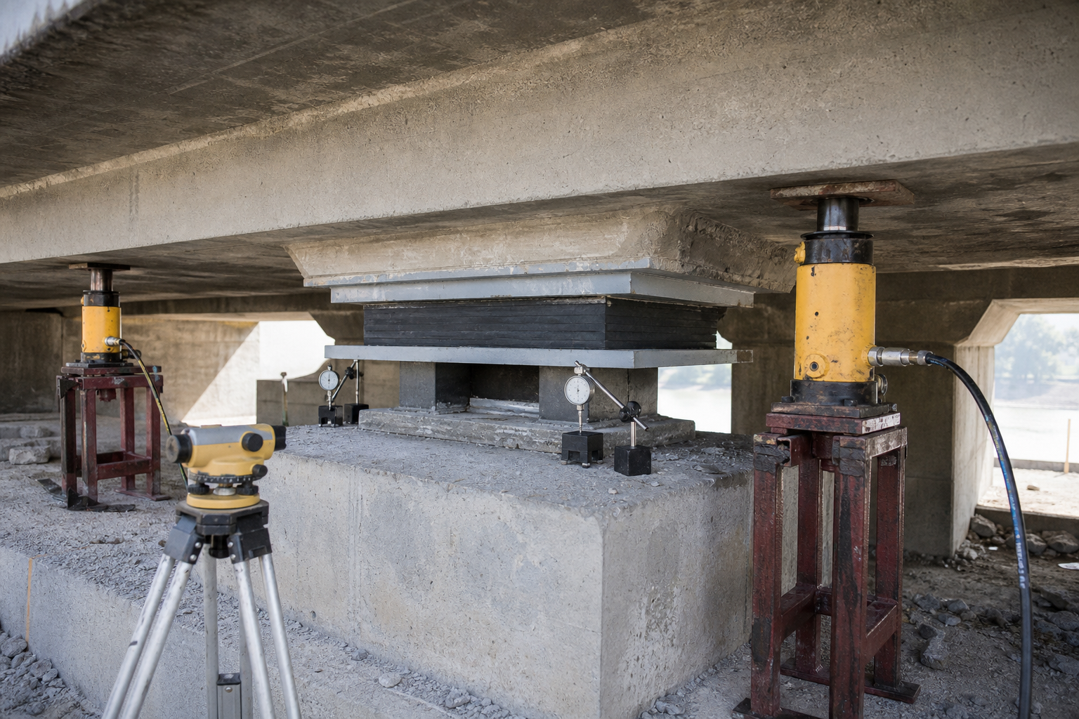Bridge bearing rehabilitation setup with hydraulic jacks, temporary supports, bearing seat, dial gauges, and survey level