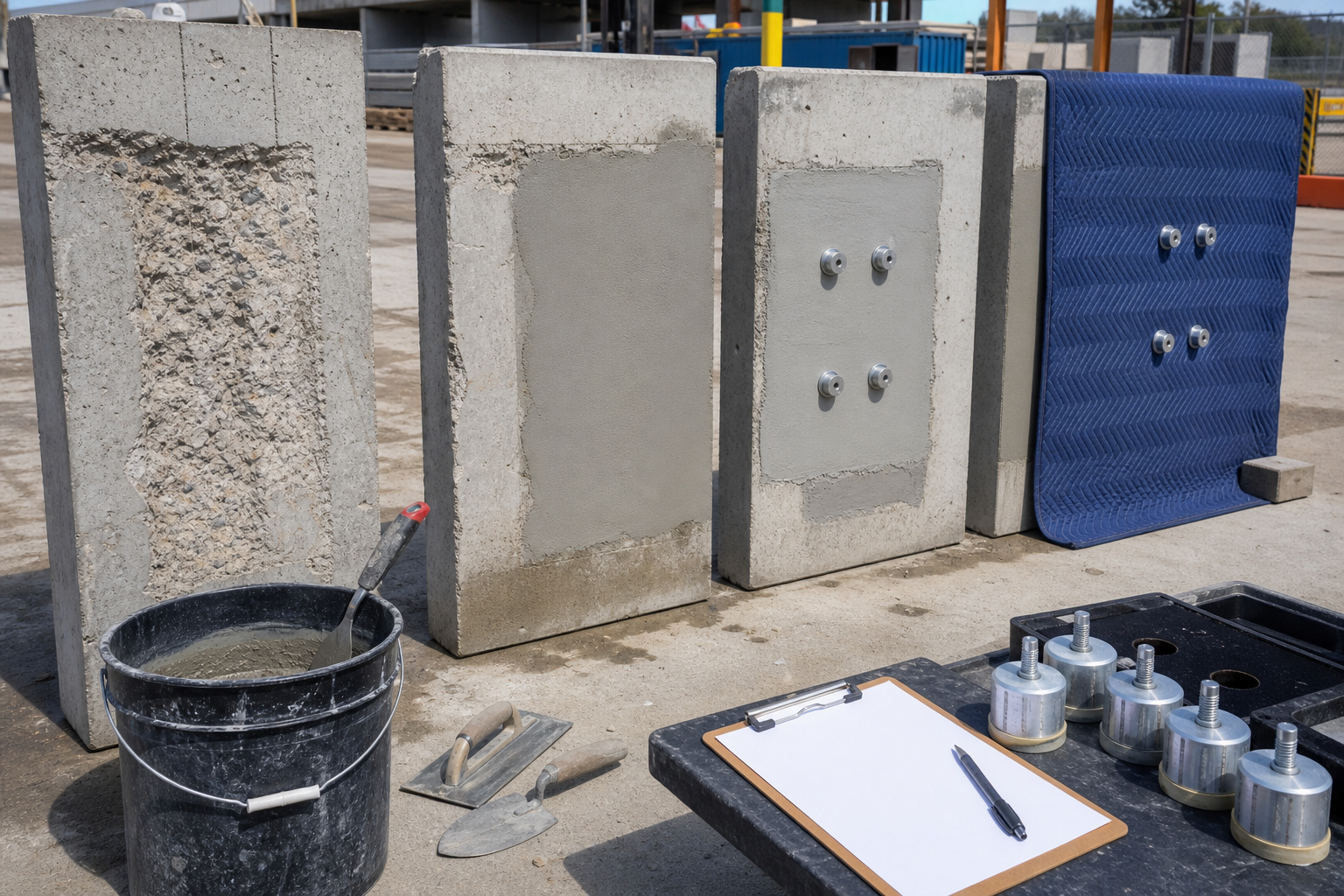 Concrete repair mockup trial panels with prepared surfaces, repair mortar patches, curing blankets, and pull-off test equipment
