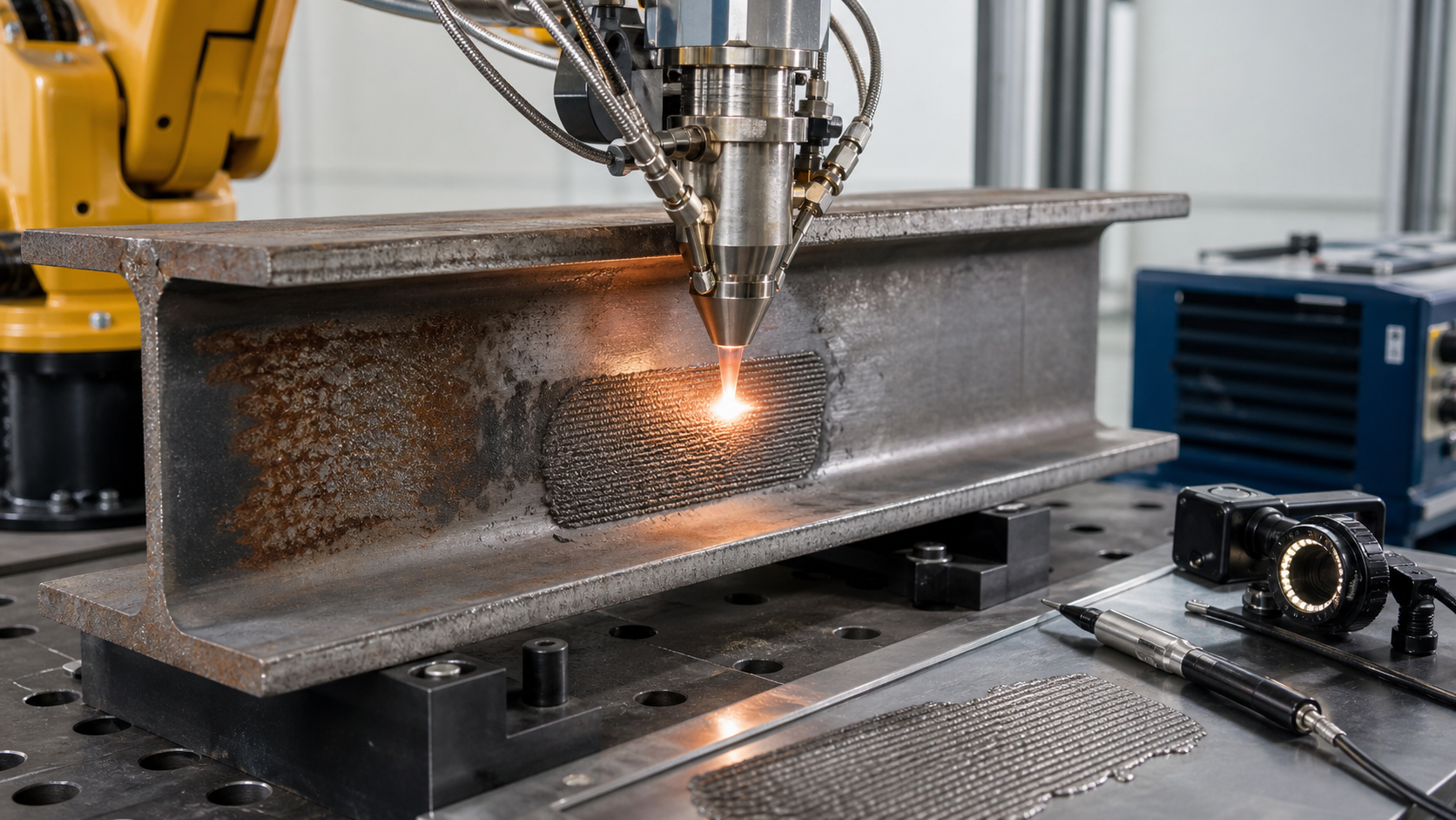 Robotic laser cladding head repairing localized corrosion on a structural steel beam in a controlled workshop