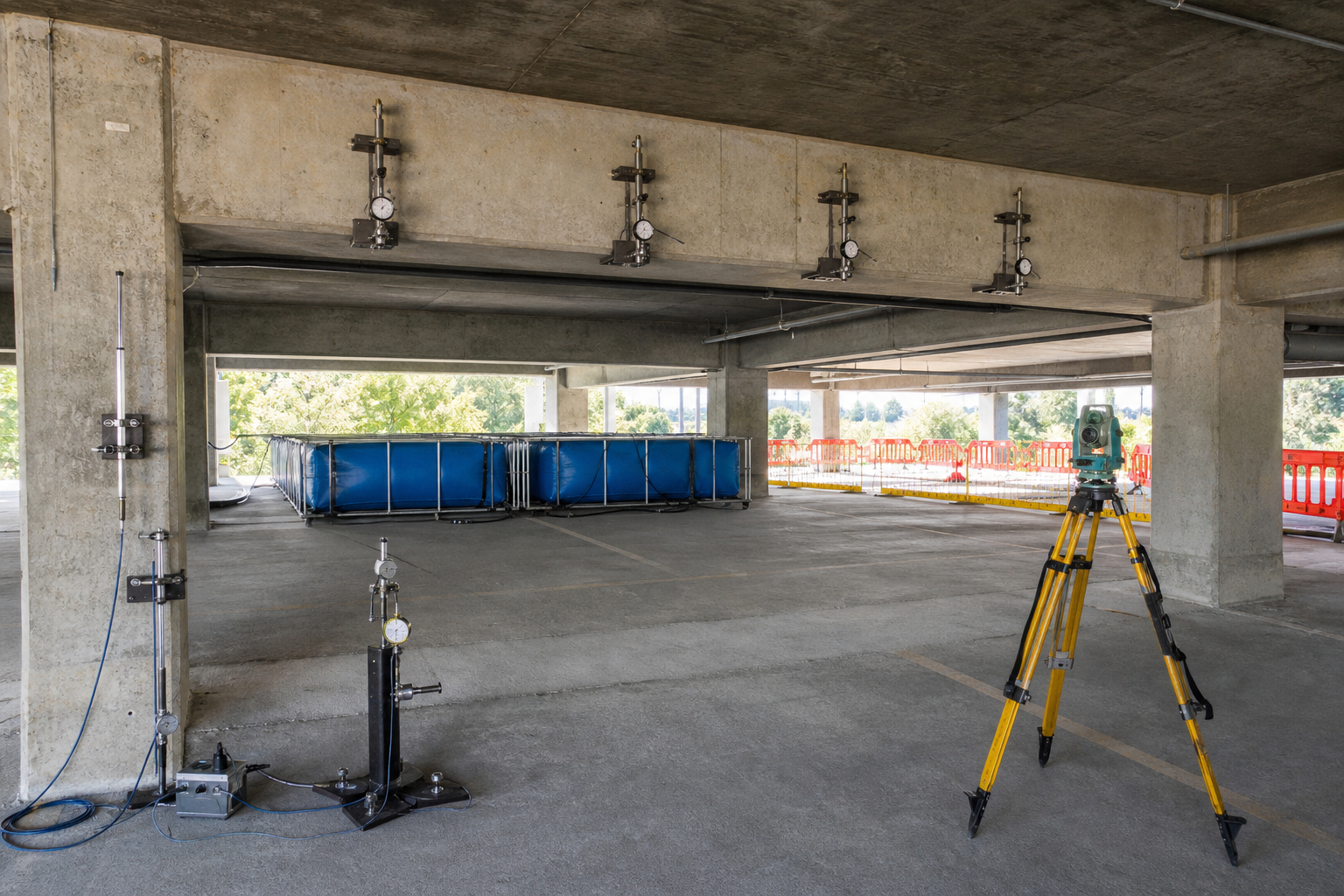 Instrumented reinforced concrete parking structure bay prepared for controlled load testing before repair