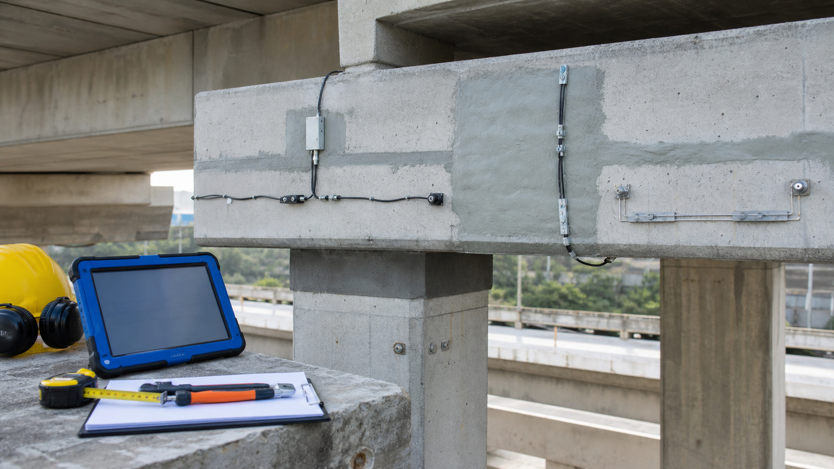 Repaired concrete structure with monitoring sensors and inspection tools