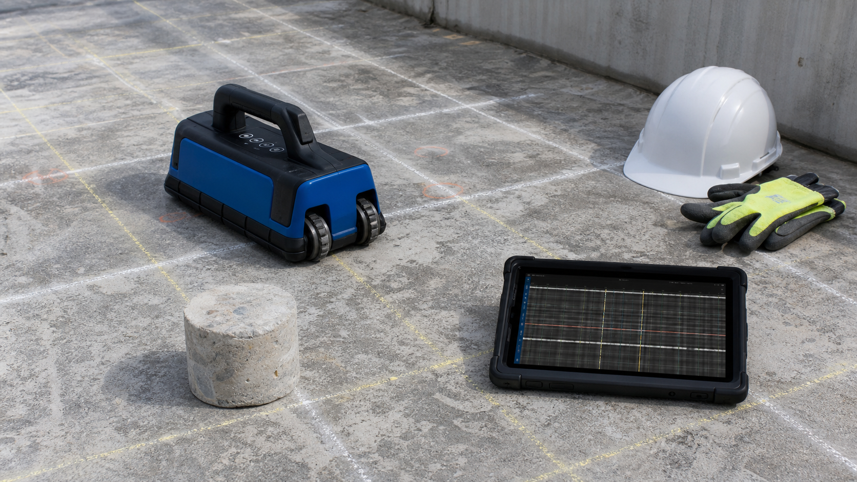 Concrete slab marked for rebar locating before concrete repair using a cover meter and GPR scanner