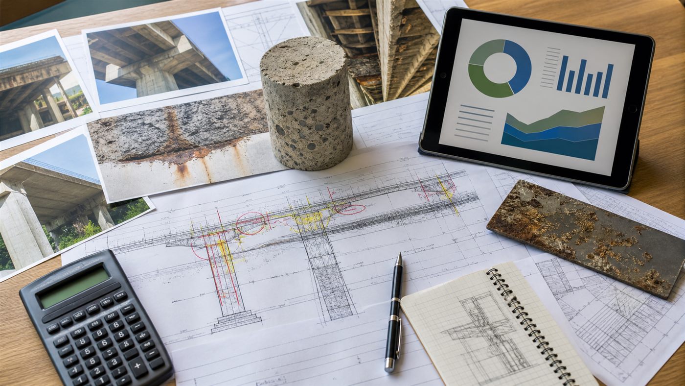 Engineering desk with inspection photos drawings and lifecycle planning materials for repair versus replacement decisions