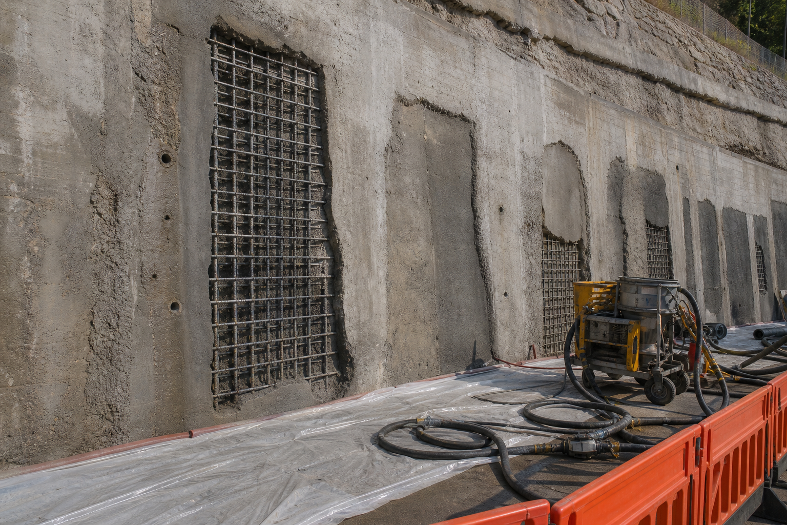 Prepared concrete retaining wall repair area with shotcrete equipment and reinforcement mesh