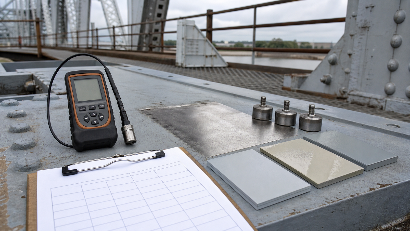 Steel coating inspection instruments on a bridge maintenance surface