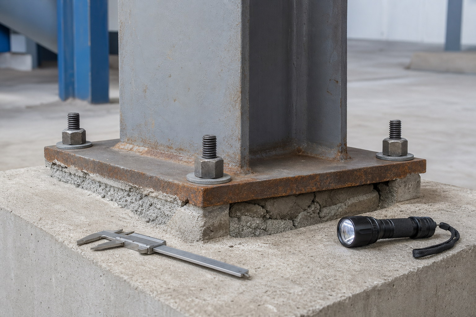Corroded steel column base plate and anchor rods above deteriorated grout during inspection