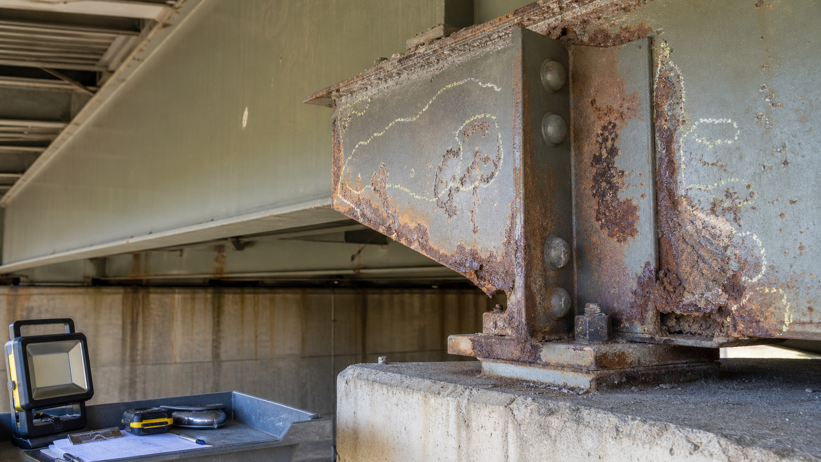 Corroded steel bridge girder end at bearing zone prepared for structural repair assessment