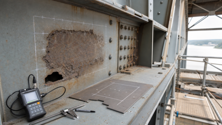 Corroded structural steel beam section loss inspection with ultrasonic thickness gauge, calipers, and repair plate layout
