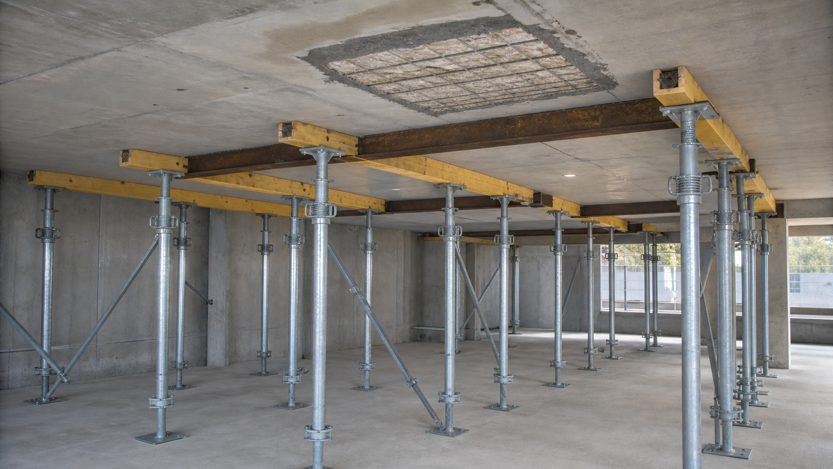 Engineered steel shoring posts and bracing supporting a concrete slab during a structural repair