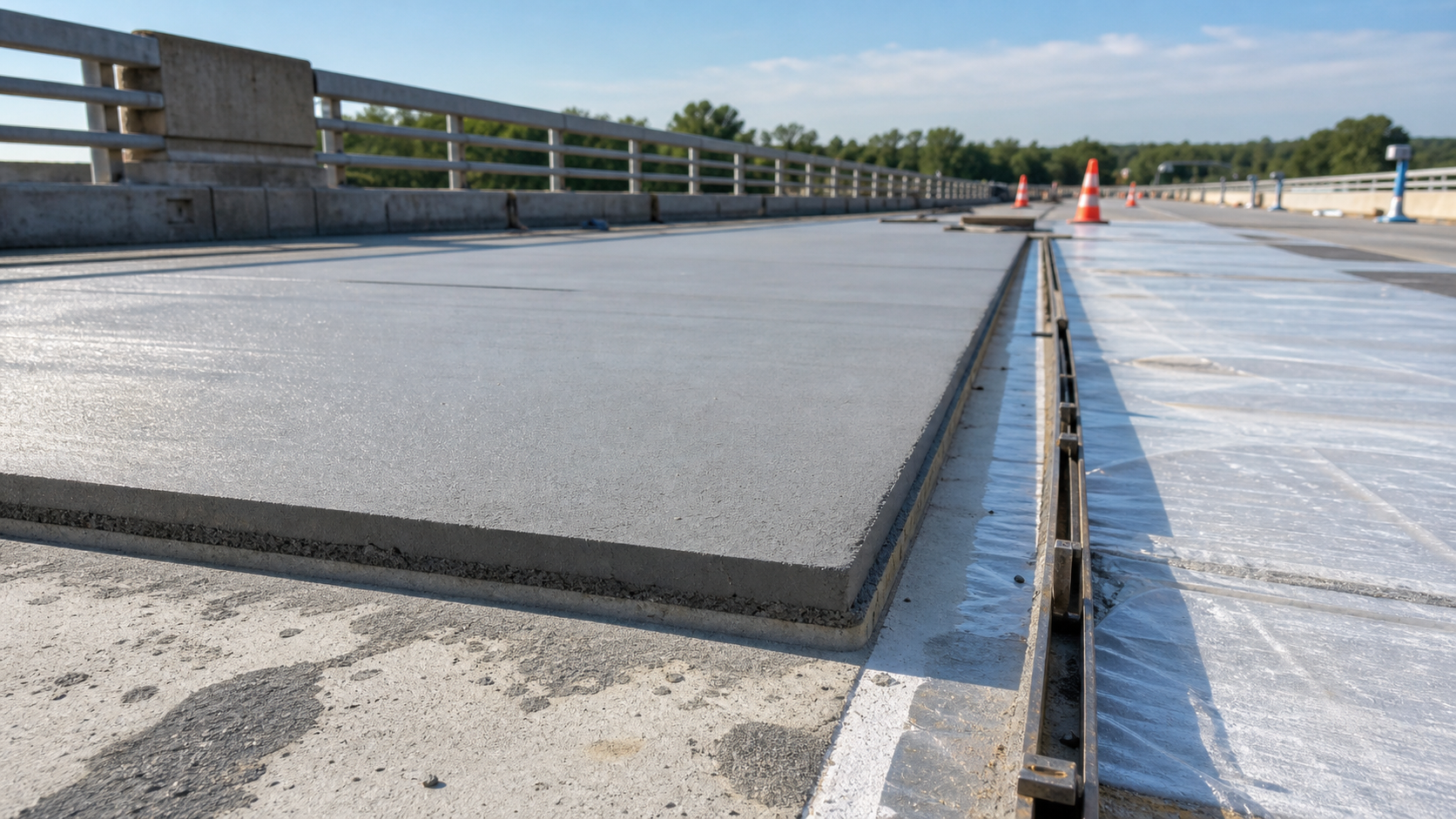 People-free bridge deck rehabilitation work zone showing a thin UHPC overlay placed on prepared concrete deck surface